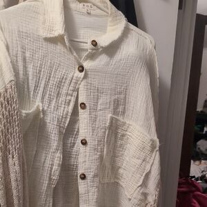 POL Cream Textured Shirt with Brown Buttons